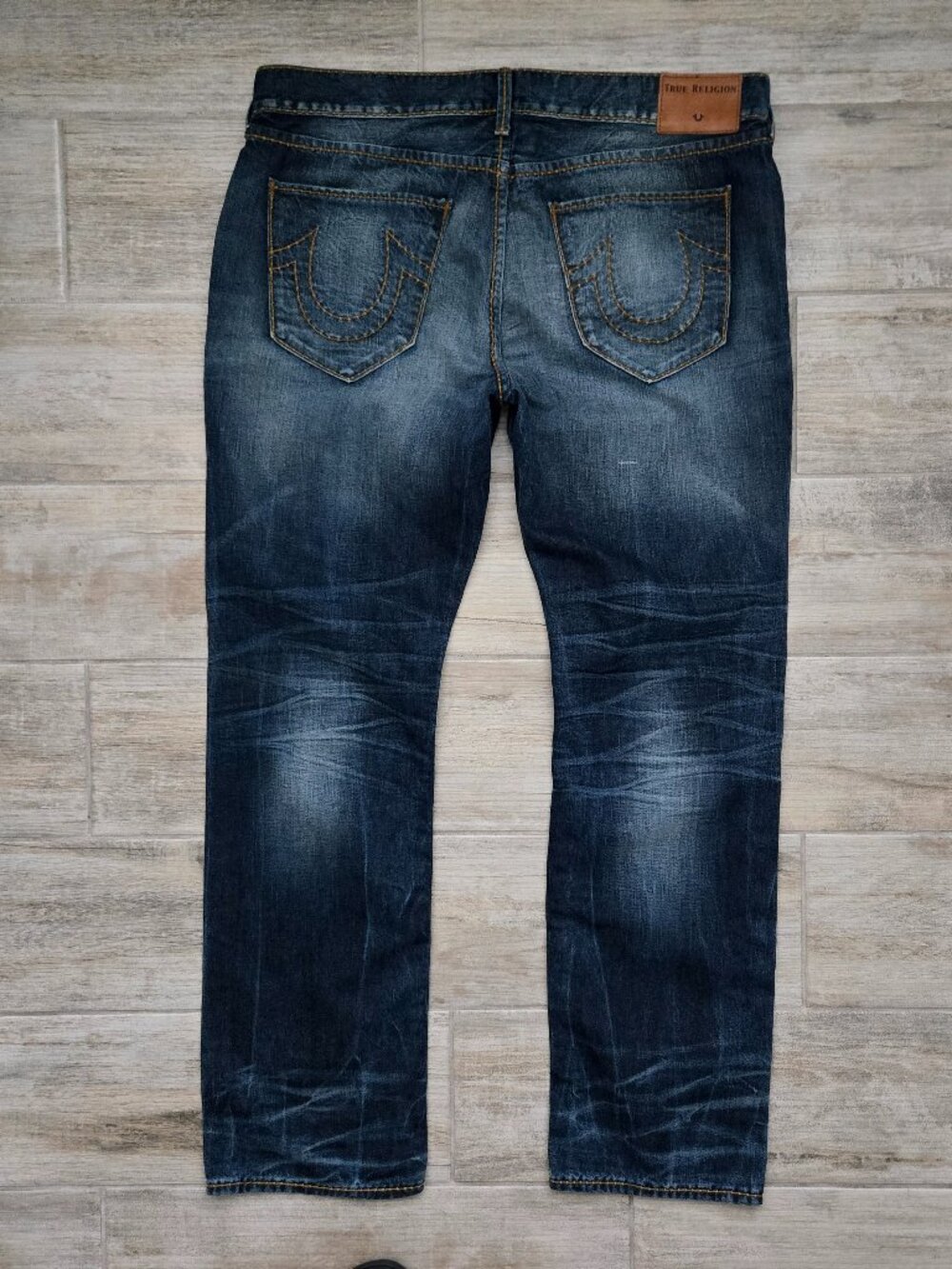 True Religion Ricky Distressed No Flap Cable Stitch Straight Jeans Bleached 38
